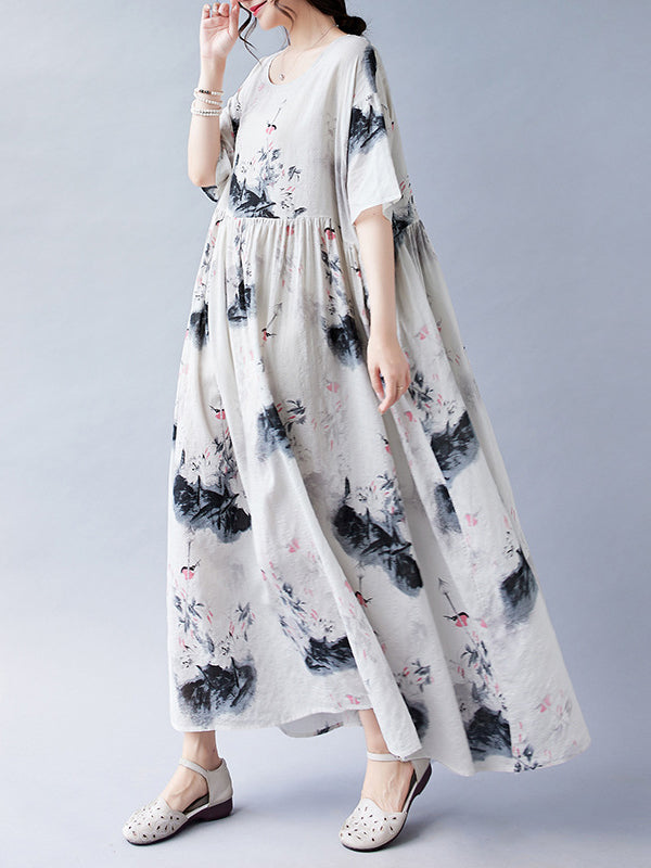 Pleated Printed Split-Joint Loose Short Sleeves Round-neck Midi Dresses