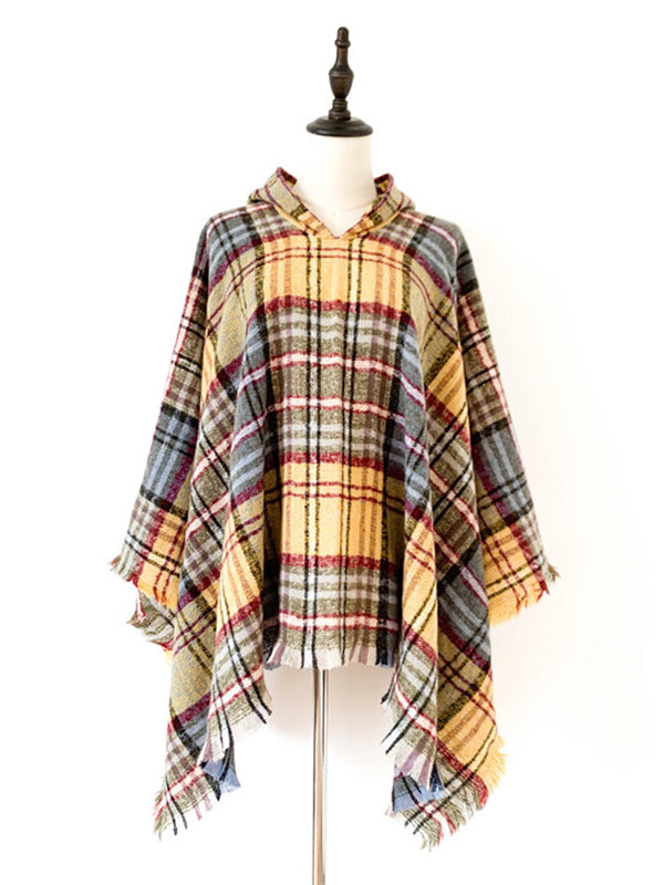 Fringed Hooded Keep Warm Plaid Shawl&Cloak Cape