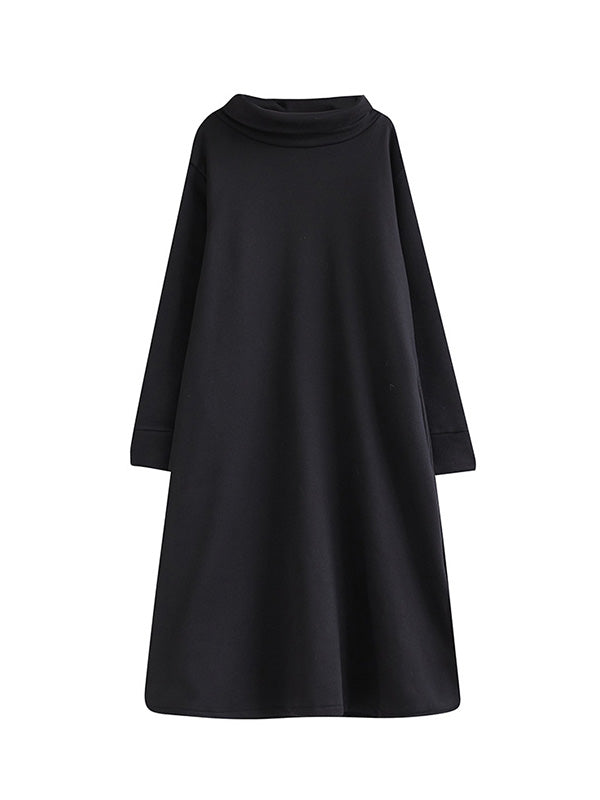 Pockets Solid Color Split-Side Velvet A-Line Long Sleeves High Neck Midi Dresses