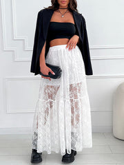 Elasticity See-Through Split-Joint A-Line Loose Skirts Bottoms