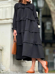 Ruffled Solid Color Split-Joint A-Line Loose Round-Neck Maxi Dresses