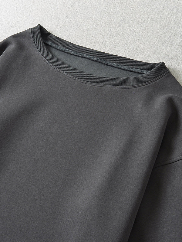 Solid Color Split-Joint Long Sleeves Loose Round-neck Sweatshirt Tops