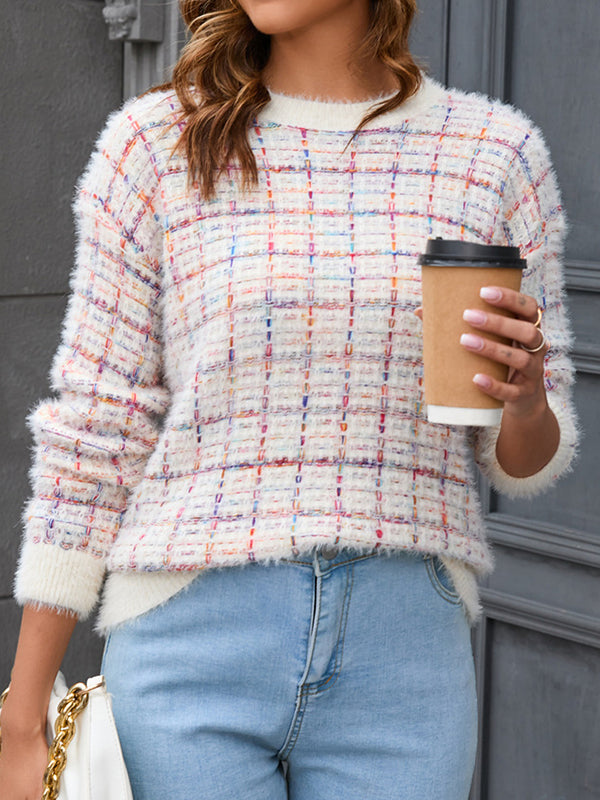 Plaid Split-Joint Long Sleeves Loose Round-Neck Sweater Tops Pullovers