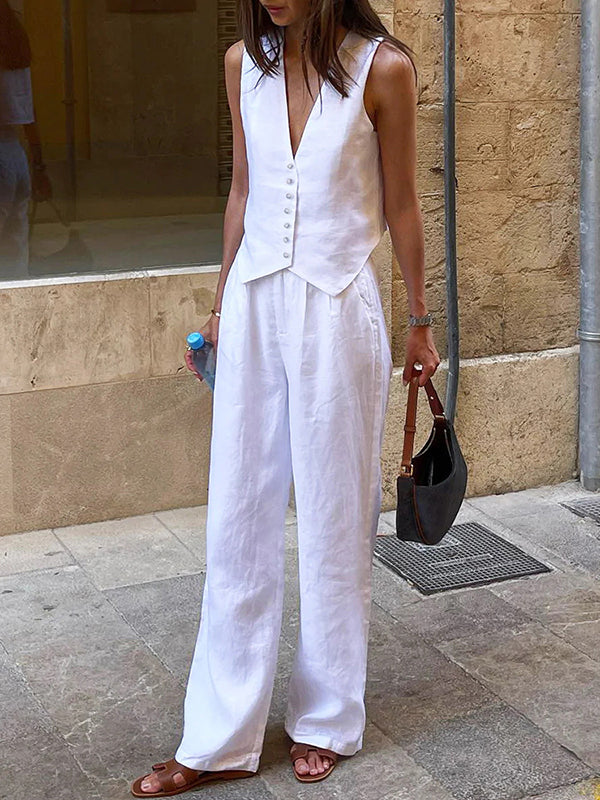 Solid Color Buttoned Deep V-Neck Sleeveless  Vest Top + Pleated Straight Leg Pants Bottom Two Pieces Set