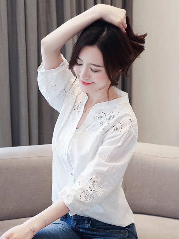 Vintage Half Sleeves Hollow Embroidered White Blouse