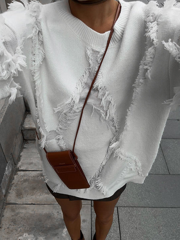 Solid Color Tasseled Long Sleeves Loose Round-Neck Sweater Tops Pullovers