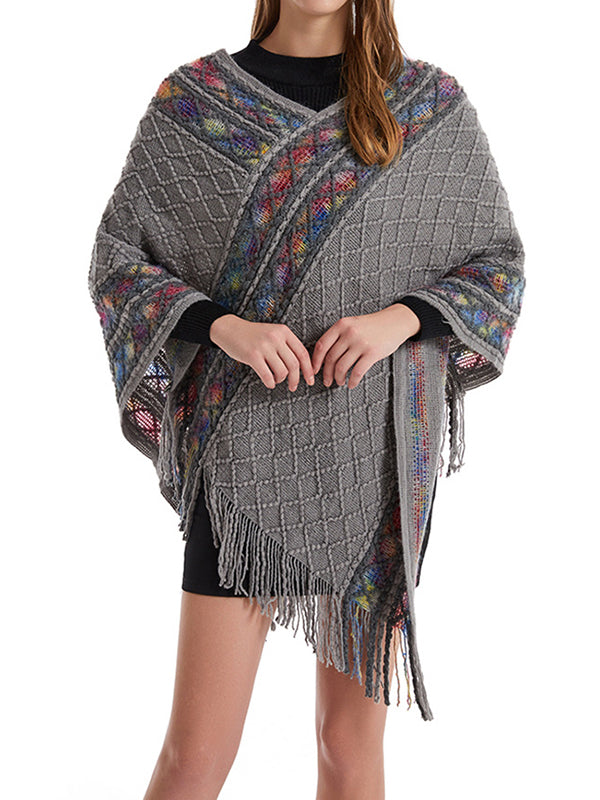 Asymmetric Tasseled Loose V-Neck Shawl&Cloak Cape