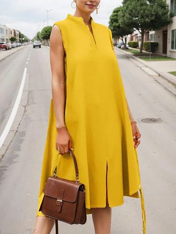 Solid Color Split-Front A-Line High-Low V-Neck Midi Dresses