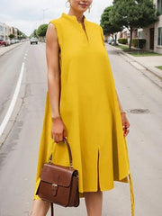 Solid Color Split-Front A-Line High-Low V-Neck Midi Dresses