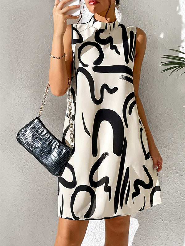 Contrast Color Printed A-line Sleeveless Mini Dresses