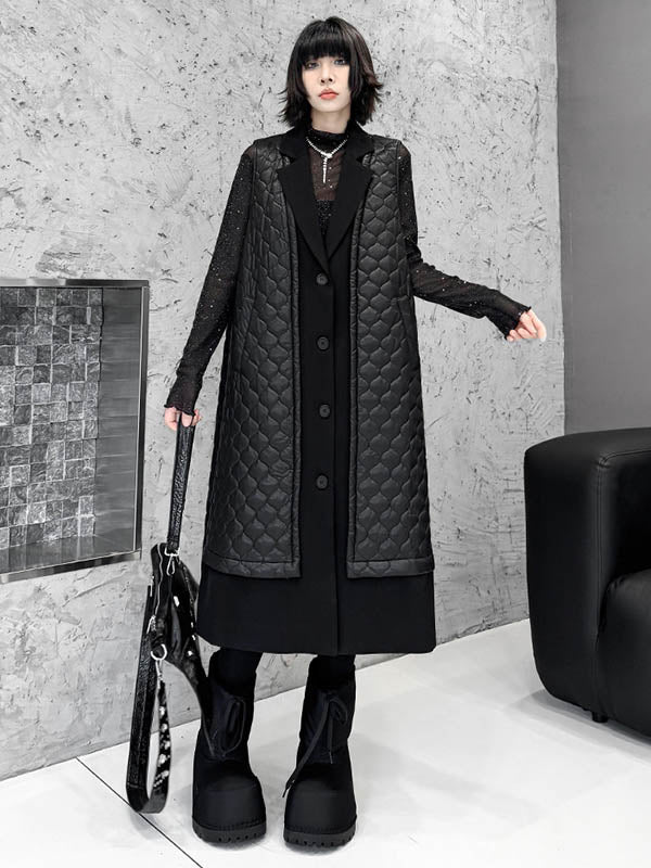 Buttoned Plaid Pockets Solid Color Split-Joint Loose Sleeveless Notched Collar Padded Vest Outerwear