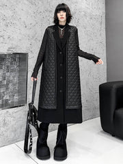 Buttoned Plaid Pockets Solid Color Split-Joint Loose Sleeveless Notched Collar Padded Vest Outerwear
