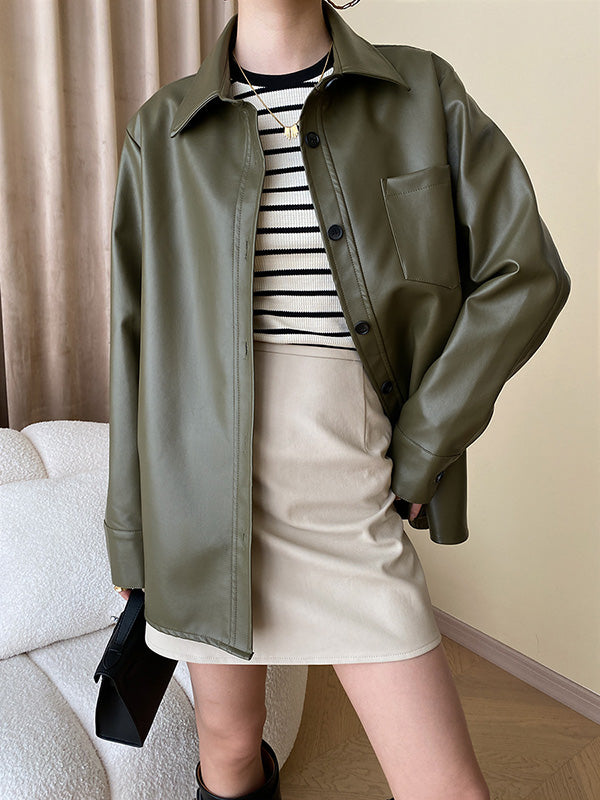 Buttoned Pockets Solid Color Long Sleeves Loose Lapel Outerwear Jackets