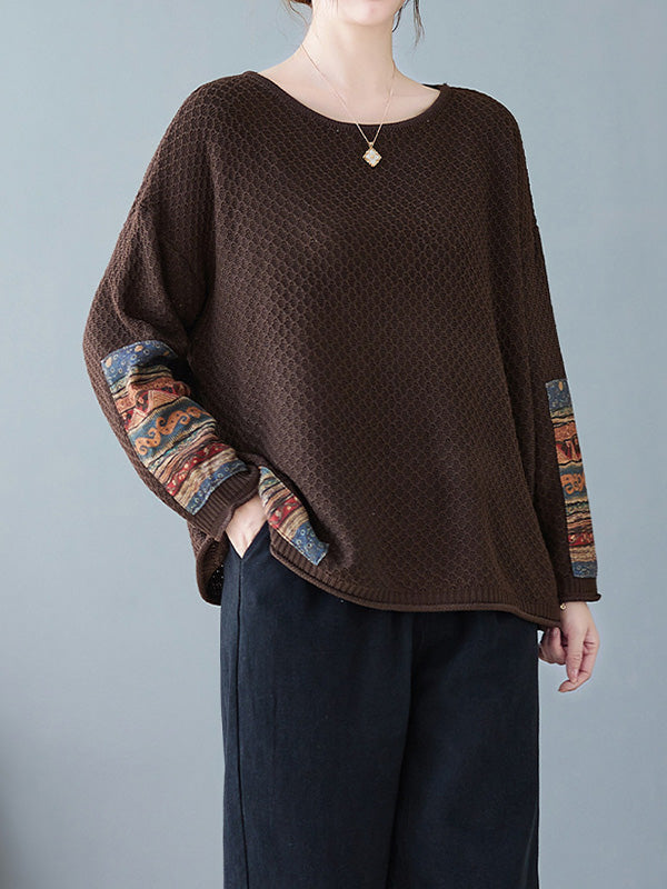 Printed Split-Joint Long Sleeves Loose Round-Neck Sweater Tops Pullovers