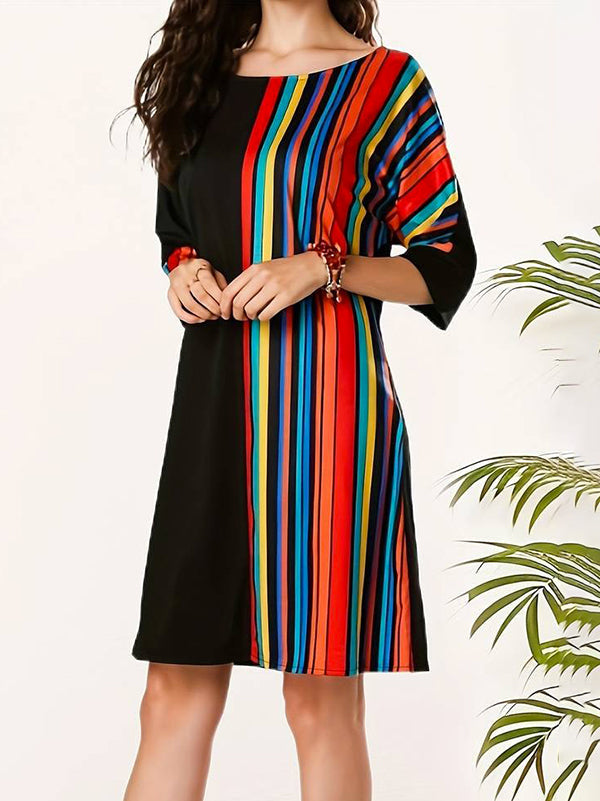 Asymmetric Contrast Color Striped A-line Half Sleeves Round-neck Mini Dresses