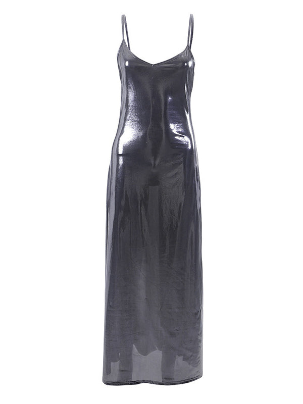 Shiny Solid Color Bodycon High Waisted Spaghetti-Neck Maxi Dresses
