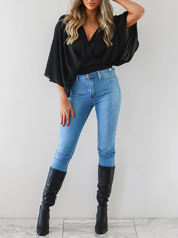 Solid Color Loose Three-quarter Sleeves Deep V-Neck Blouses&shirts Tops