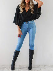 Solid Color Loose Three-quarter Sleeves Deep V-Neck Blouses&shirts Tops