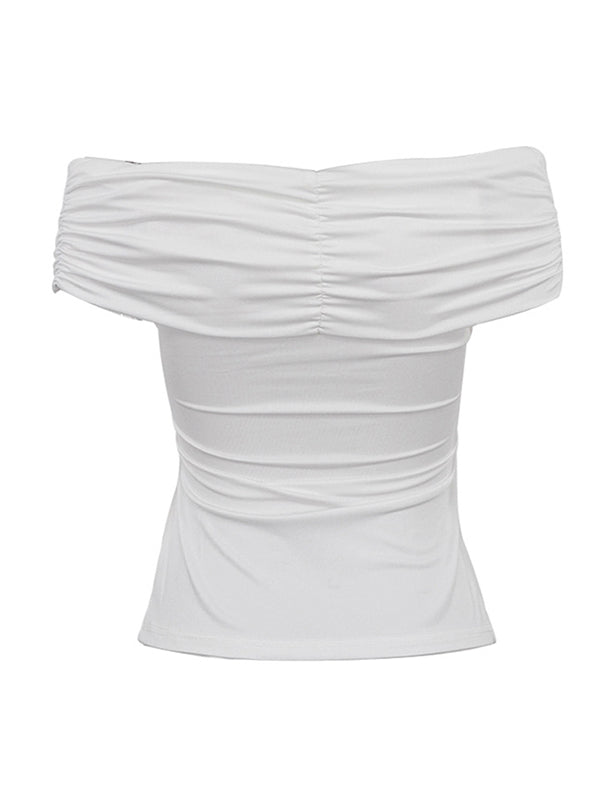 Knot Pleated Solid Color Split-Joint Short Sleeves Skinny Boat Neck T-Shirts Tops