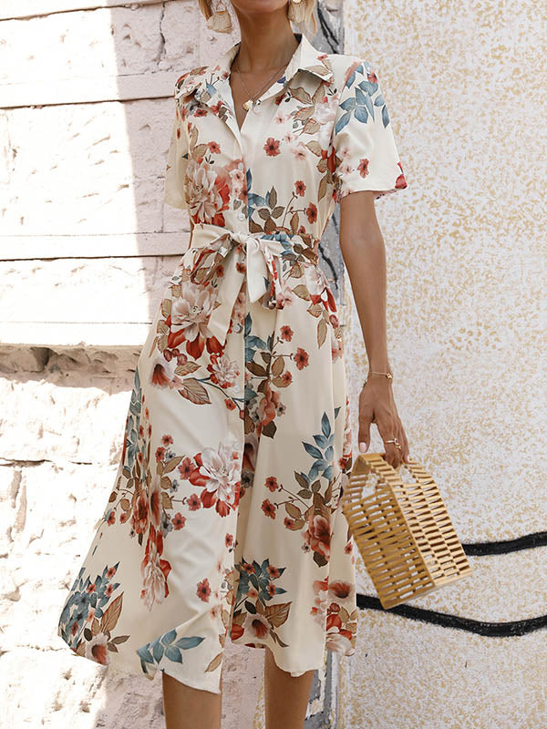 Buttoned Flower Print Tied Waist A-Line Loose Lapel Midi Dresses