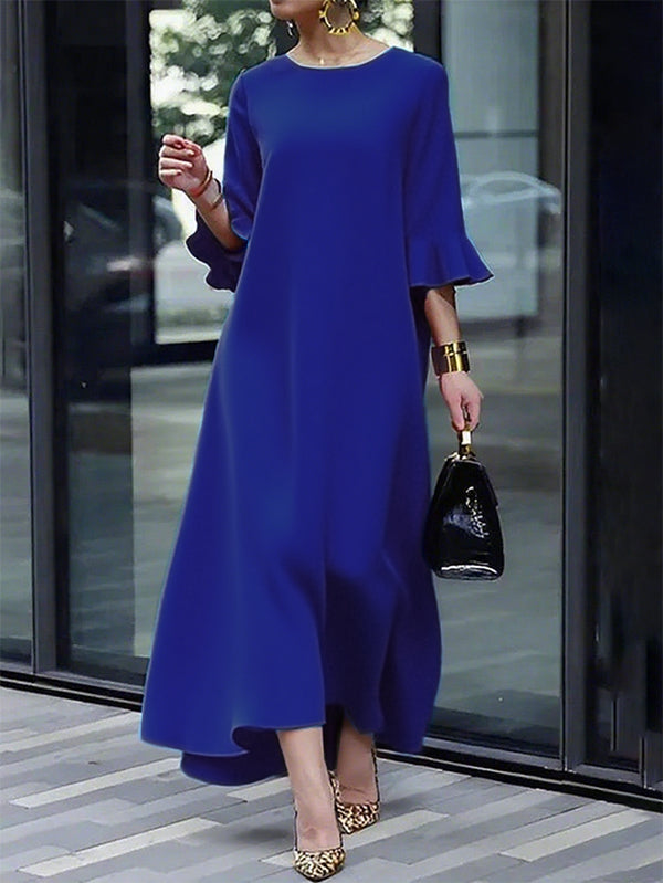 Solid Color Zipper A-Line Flared Sleeves Round-Neck Maxi Dresses