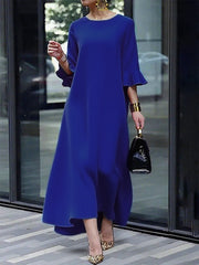Solid Color Zipper A-Line Flared Sleeves Round-Neck Maxi Dresses