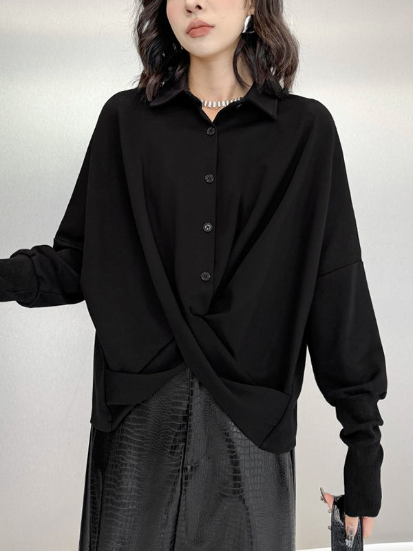 Buttoned Solid Color Twist Hipster Irregularity Lapel Collar Blouses&Shirts Tops