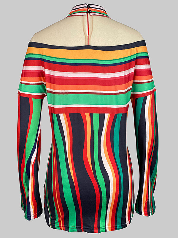Contrast Color Striped Long Sleeves Loose Halter-Neck T-Shirts Tops
