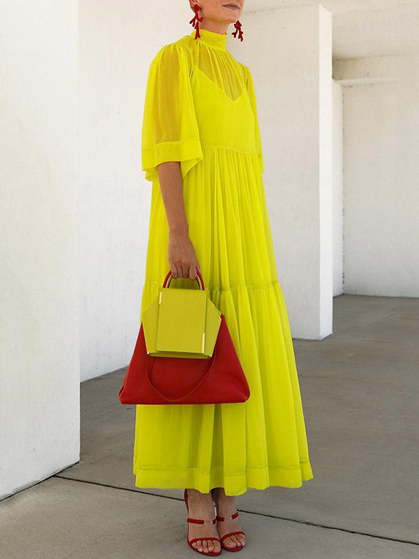 Loose Plus Size Mesh Pleated Solid Color Split-Joint Mock Neck Maxi Dresses Two Pieces Set