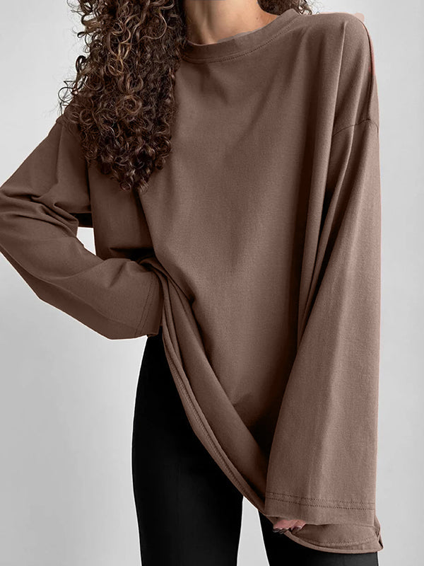 Solid Color Long Sleeves Loose Round-Neck T-Shirts Tops