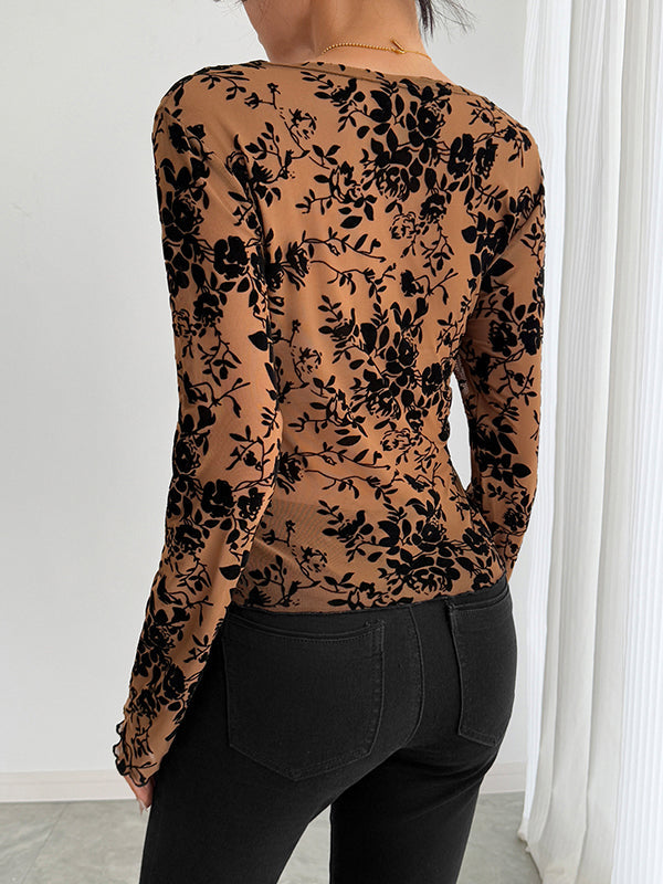 Solid Color Flared Sleeves Long Sleeves Deep V-Neck T-Shirts