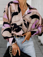 Buttoned Printed Long Sleeves Loose Lapel Blouses&Shirts Tops