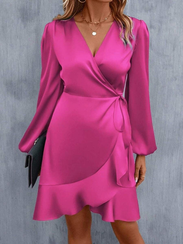 Elasticity Pleated Solid Color Split-Joint Tied High Waisted High-Low V-Neck Mini Dresses