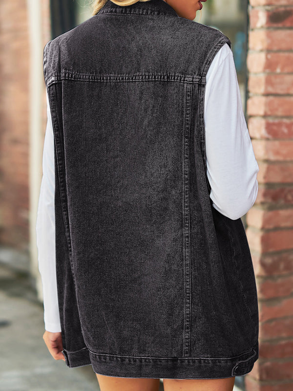 Buttoned Drawstring Pockets Split-Joint Loose Sleeveless Polo Vest Outerwear