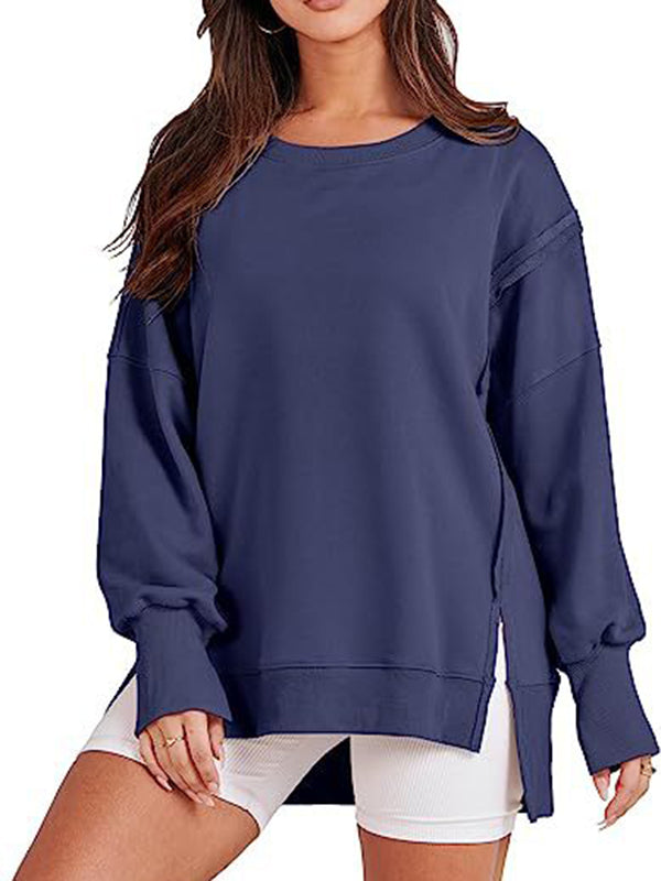 Fringed Solid Color Split-Joint Split-Side High-Low Long Sleeves Round-Neck Sweatershirt