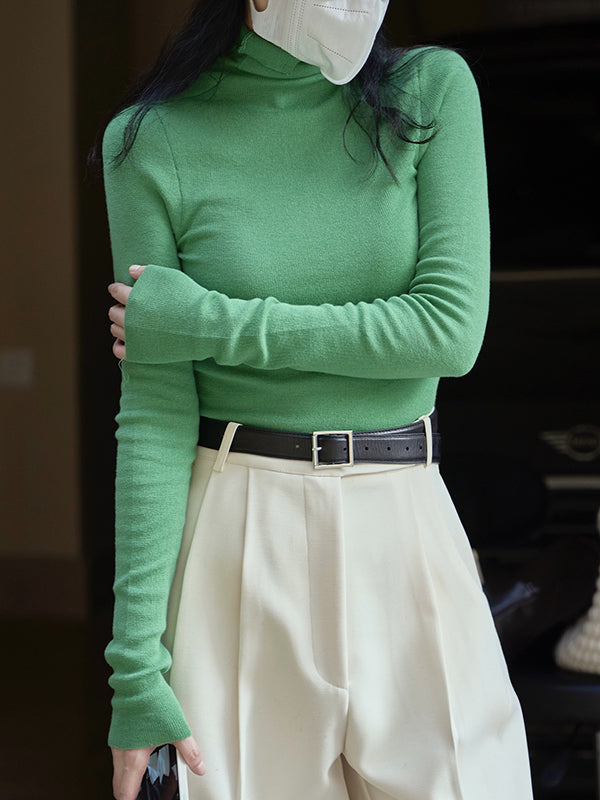 Solid Color Long Sleeves Skinny High-Neck Sweater Tops Pullovers
