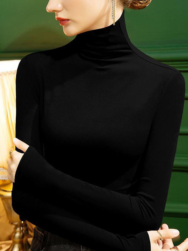 Solid Color Split-Joint Long Sleeves Plus Size High Neck T-Shirts Tops