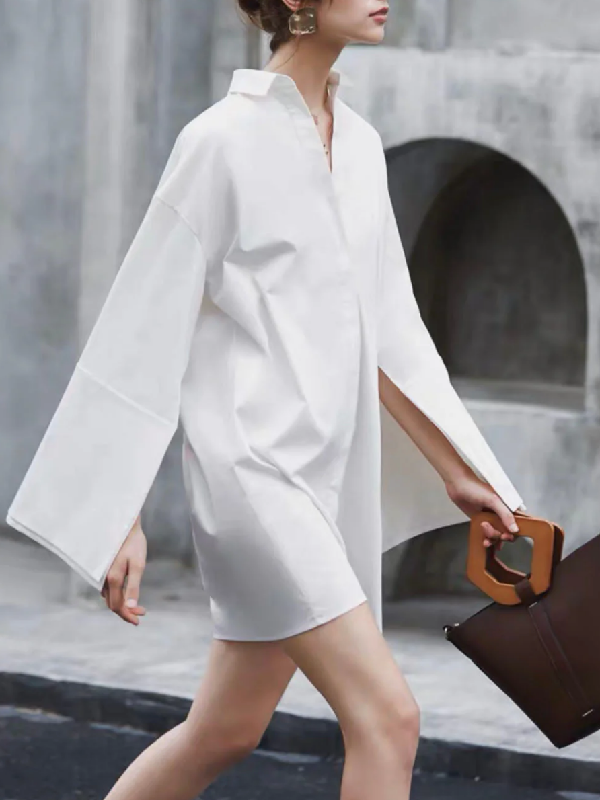 Buttoned Solid Color Long Sleeves Loose Lapel Shirt Dress Mini Dresses