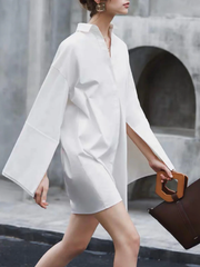 Buttoned Solid Color Long Sleeves Loose Lapel Shirt Dress Mini Dresses