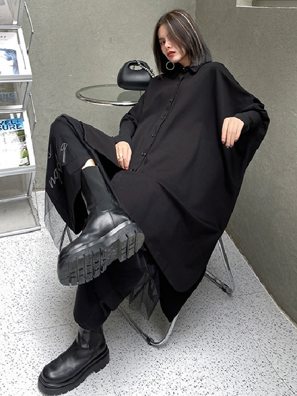 Simple Loose Batwing Sleeves Split-Joint Solid Color Lapel Blouses