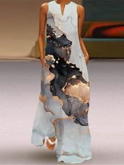 Contrast Color Pockets Printed Split-Joint A-Line Loose V-Neck Maxi Dresses