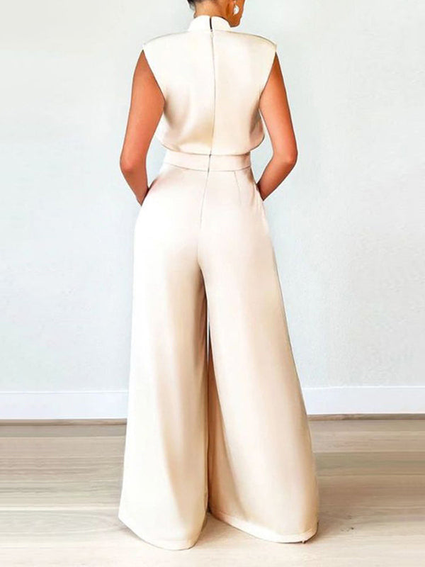 Casual Wide Leg Sleeveless Solid Color High-Neck Jumpsuits