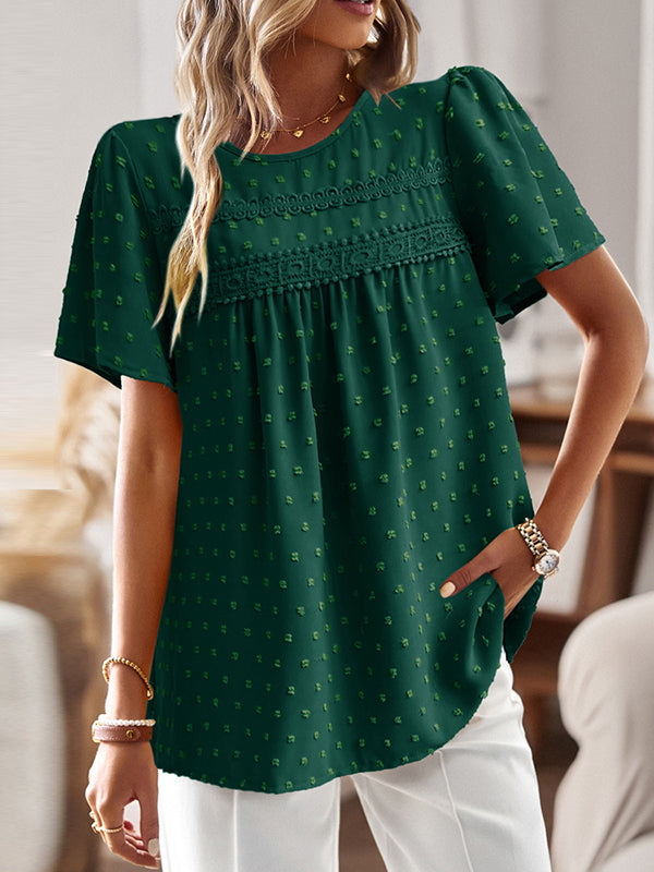 Hollow Jacquard Pleated Solid Color Split-Joint Loose Short Sleeves Round-Neck T-Shirts Tops