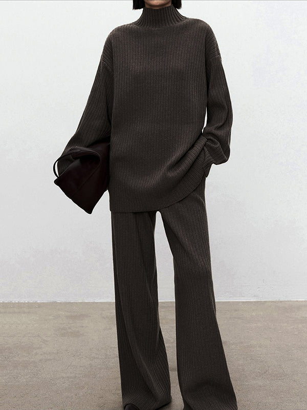 Solid Color Long Sleeves High-Neck Sweater Top + Wide Leg Pants Bottom Two Pieces Set