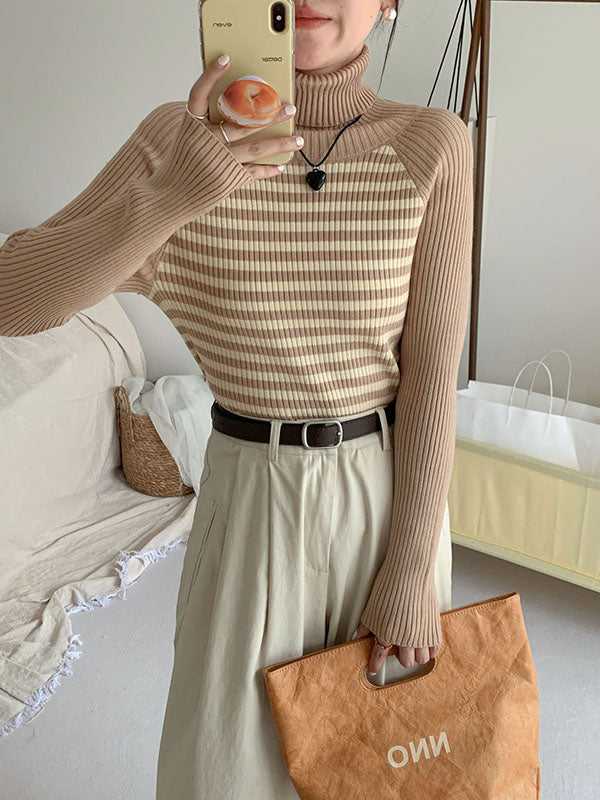 Contrast Color Striped Long Sleeves Skinny High Neck Sweater Tops Pullovers