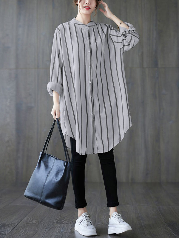 Buttoned Striped Long Sleeves Loose Blouses&Shirts Tops