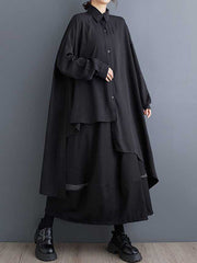 Asymmetric Buttoned Solid Color Split-Joint High-Low Long Sleeves Lapel Blouses&Shirts Tops