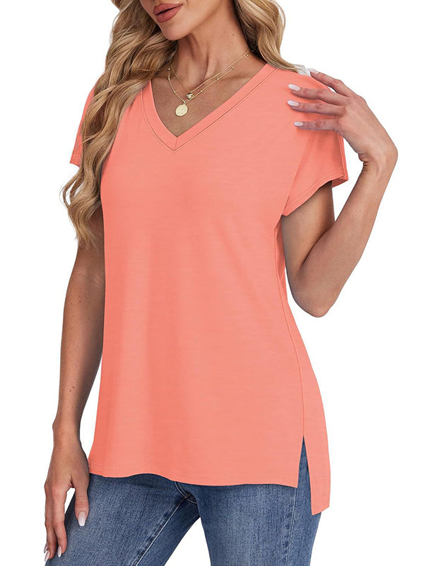 Solid Color Split-Joint Split-Side High-Low Raglan Sleeve V-Neck T-Shirts