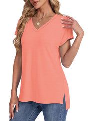 Solid Color Split-Joint Split-Side High-Low Raglan Sleeve V-Neck T-Shirts