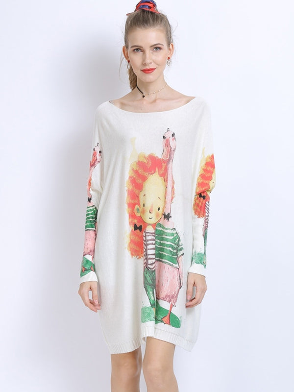 Urban Loose Batwing Sleeves Cartoon Printed Pullover
